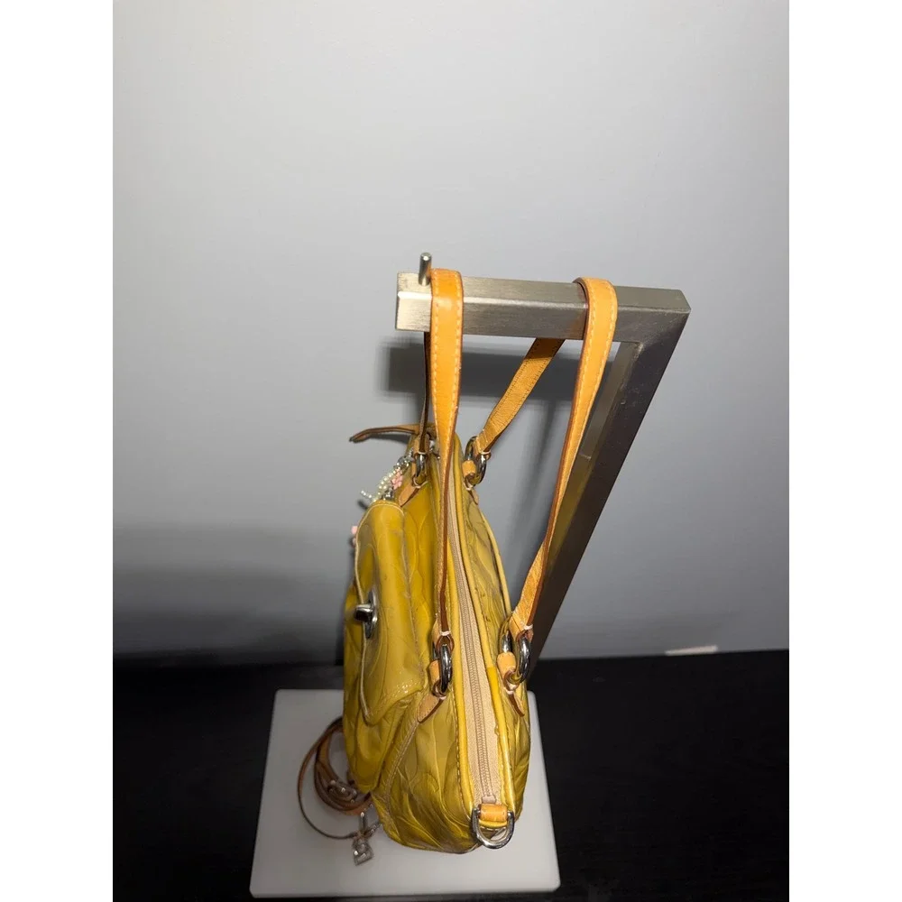 Coach Yellow Embossed Patent Leather Satchel Handbag F14729 with Charm